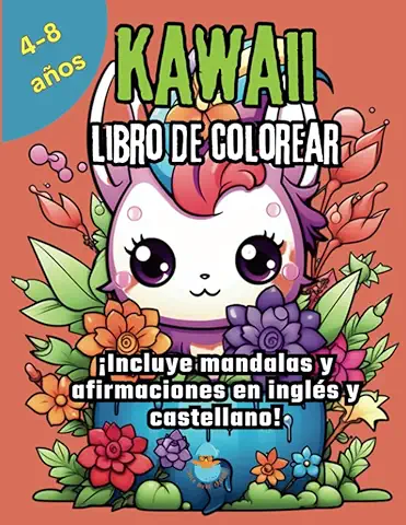 Kawaii Libro de Colorear: Con Mandalas para Pintar y Afirmaciones en Inglés y Castellano. Más de 50 Adorables Páginas de Animales, Flores, Comida y ... Personajes. Para Niños y Niñas de 4 a 8 Años.  