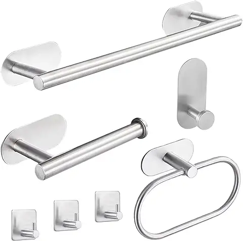 Laimew Juego de Accesorios de Baño, Toalleros de Baño sin Taladro 7 Piezas, Toalleros de aro para Baño de Acero Inoxidable Plata  