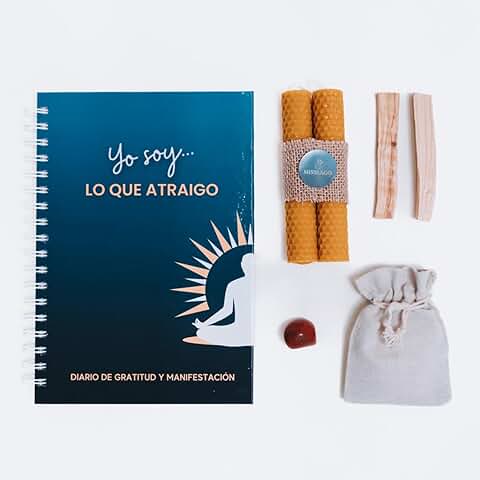 MISSLAGO Diario de Gratitud y Manifestación (color Azul), 222 Páginas para Transformar tu Vida! Con 2 Velas de Miel, 2 palo Santo, 1 Piedra Energética Sorpresa y Contenido Digital Gratis.  