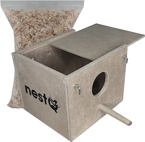 Nido Madera para Exoticos con Viruta Cama 15 cm x 13.5 cm x 12 cm, Diamantes Mandarin, de Gould, Babero, Papagayo, Moteado, Ruficaudo, Bichenov, Modesto, Pico Plata, Tricolor, Isabelita de Japon  