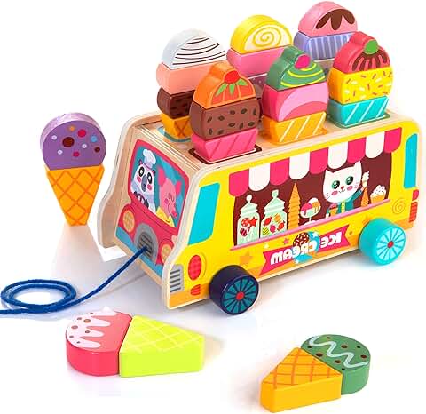 WOODMAM Juguete de Camión de Helado de Madera para Niños 28 Piezas Juguete de Heladería de Madera Tienda de Helados Multicolor con Accesorios Magnéticos Juguetes Montessori para Niñas Niños de 3+ Años  