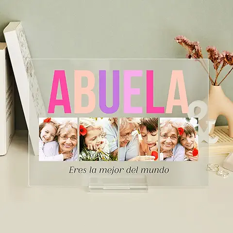 Transparent Gift Placa Personalizada Abuela Con 4 Fotos.Regalo de Cumpleaños Original, Regalos Amor, Familia, Diseño Palabra Abuela con Fotos y Frase en Placa de Metacrilato  